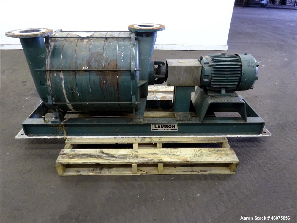 Used Lamson Multistage Centrifugal Blower, Model 407-0-7-AD, Carbon Steel. Approximately 210 cfm. Driven by a 7.5hp, 3/60/230/460 volt, 3520 rpm motor. Mounted on a frame. Serial# 890092.