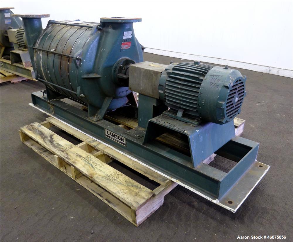 Used Lamson Multistage Centrifugal Blower, Model 407-0-7-AD, Carbon Steel. Approximately 210 cfm. Driven by a 7.5hp, 3/60/230/460 volt, 3520 rpm motor. Mounted on a frame. Serial# 890092.