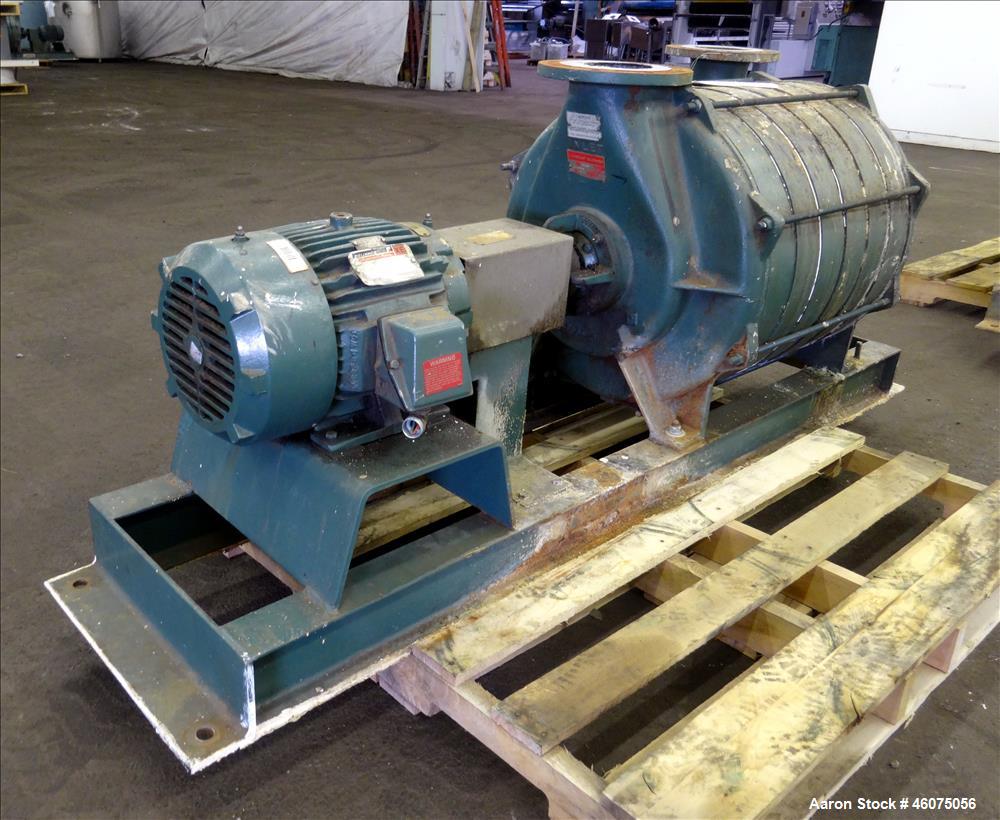 Used Lamson Multistage Centrifugal Blower, Model 407-0-7-AD, Carbon Steel. Approximately 210 cfm. Driven by a 7.5hp, 3/60/230/460 volt, 3520 rpm motor. Mounted on a frame. Serial# 890092.