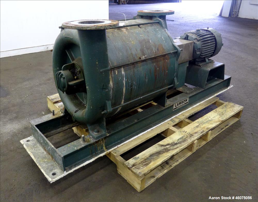 Used Lamson Multistage Centrifugal Blower, Model 407-0-7-AD, Carbon Steel. Approximately 210 cfm. Driven by a 7.5hp, 3/60/230/460 volt, 3520 rpm motor. Mounted on a frame. Serial# 890092.
