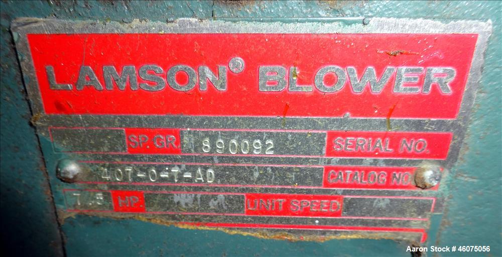 Used Lamson Multistage Centrifugal Blower, Model 407-0-7-AD, Carbon Steel. Approximately 210 cfm. Driven by a 7.5hp, 3/60/230/460 volt, 3520 rpm motor. Mounted on a frame. Serial# 890092.