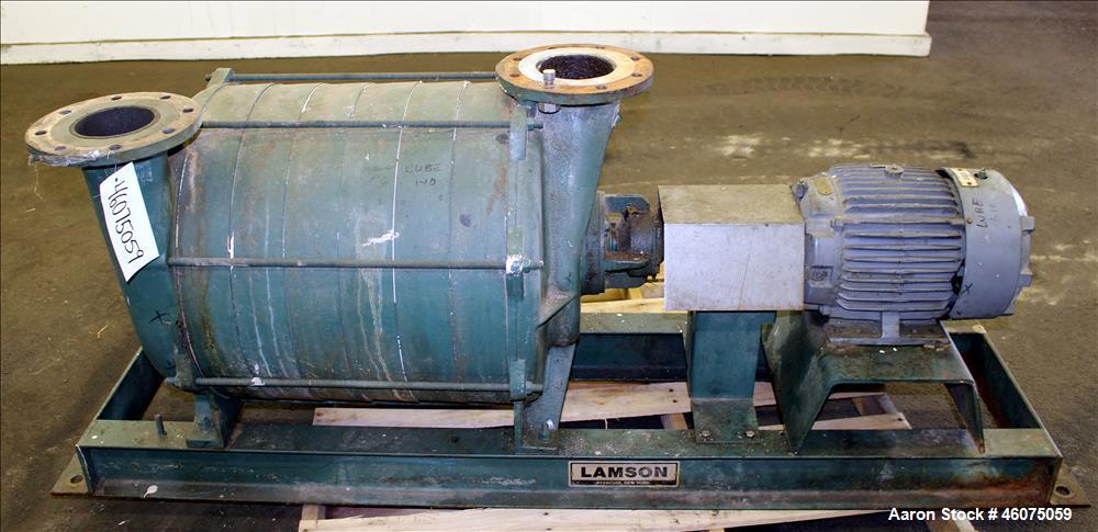 Used Lamson Multistage Centrifugal Blower, Model 407-0-7-AD, Carbon Steel. Approximately 210 cfm. 5" Inlet, 4-1/2" outlet. Driven by a 7.5hp, 3/60/230/460 volt, 3520 rpm motor. Mounted on a carbon st...