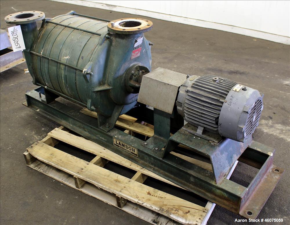 Used Lamson Multistage Centrifugal Blower, Model 407-0-7-AD, Carbon Steel. Approximately 210 cfm. 5" Inlet, 4-1/2" outlet. Driven by a 7.5hp, 3/60/230/460 volt, 3520 rpm motor. Mounted on a carbon st...