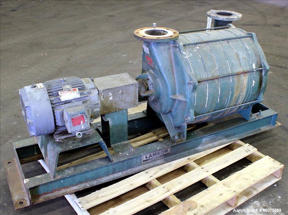Used Lamson Multistage Centrifugal Blower, Model 407-0-7-AD, Carbon Steel. Approximately 210 cfm. 5" Inlet, 4-1/2" outlet. Driven by a 7.5hp, 3/60/230/460 volt, 3520 rpm motor. Mounted on a carbon st...