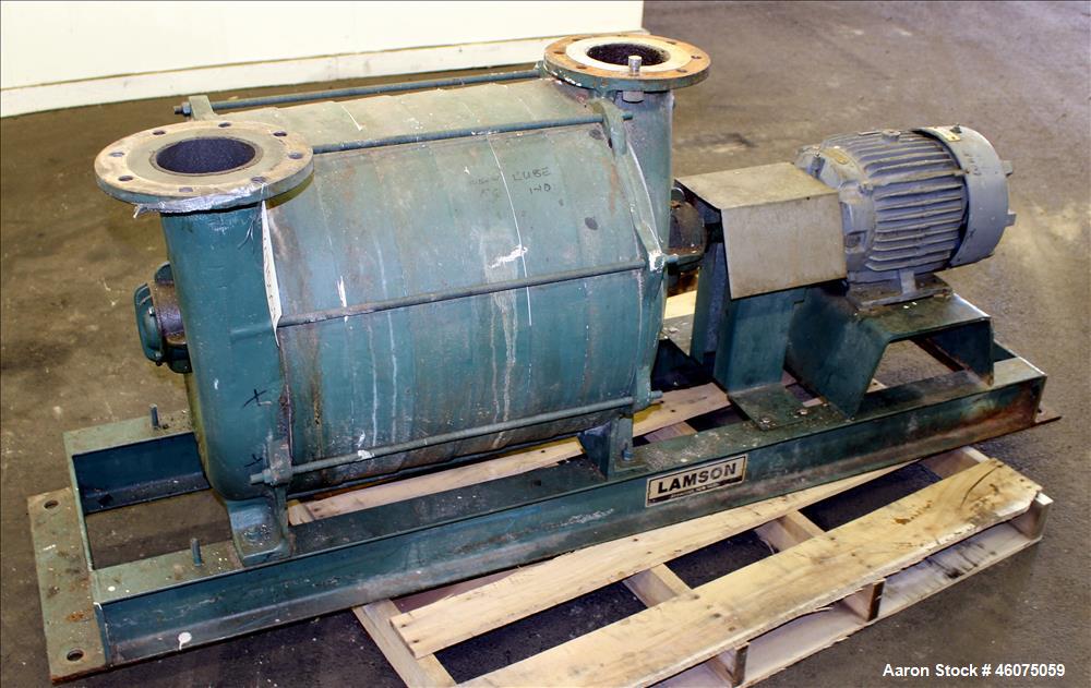 Used Lamson Multistage Centrifugal Blower, Model 407-0-7-AD, Carbon Steel. Approximately 210 cfm. 5" Inlet, 4-1/2" outlet. Driven by a 7.5hp, 3/60/230/460 volt, 3520 rpm motor. Mounted on a carbon st...