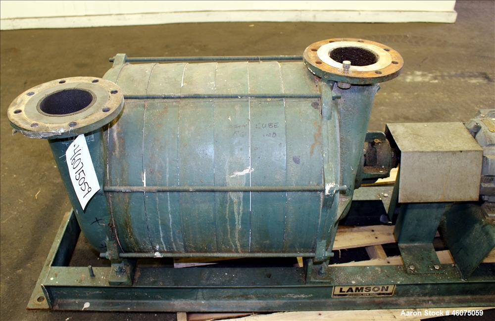 Used Lamson Multistage Centrifugal Blower, Model 407-0-7-AD, Carbon Steel. Approximately 210 cfm. 5" Inlet, 4-1/2" outlet. Driven by a 7.5hp, 3/60/230/460 volt, 3520 rpm motor. Mounted on a carbon st...