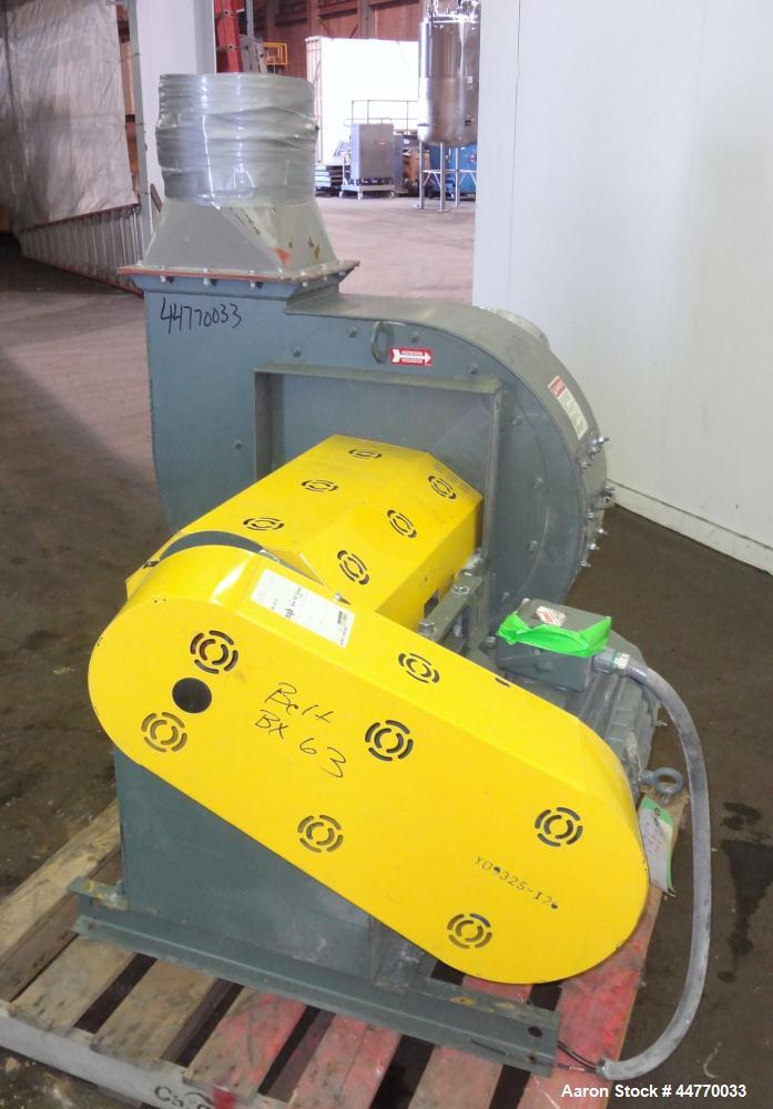 Used New York Blower Series 30 GI Fan, Size 224 LS, Carbon Steel.  Approximately 3500 cfm at 18" S.P. at 2577 rpm. Approximately 12" diameter side inlet, 11" x 33" top outlet, 22" diameter wheel. Dri...