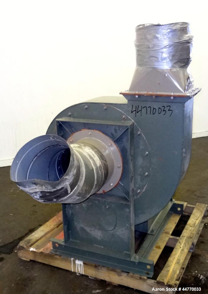 Used New York Blower Series 30 GI Fan, Size 224 LS, Carbon Steel.  Approximately 3500 cfm at 18" S.P. at 2577 rpm. Approximately 12" diameter side inlet, 11" x 33" top outlet, 22" diameter wheel. Dri...