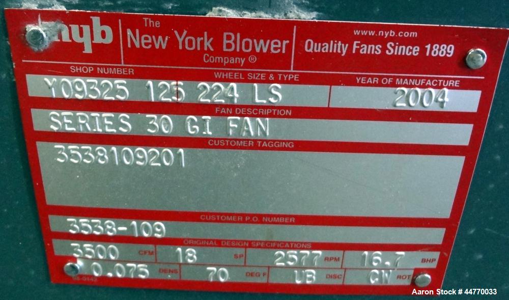 Used New York Blower Series 30 GI Fan, Size 224 LS, Carbon Steel.  Approximately 3500 cfm at 18" S.P. at 2577 rpm. Approximately 12" diameter side inlet, 11" x 33" top outlet, 22" diameter wheel. Dri...