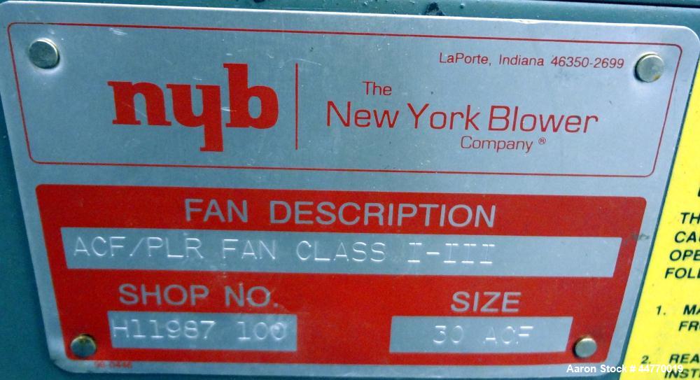 Used New York Blower General Purpose AcoustaFoil Fan, Size 30 ACF, Description ACF/PLR Fan Class I-III, Carbon Steel. Approximate 16,300 cfm at 8" S.P. at 1748 rpm. Approximate 33" diameter side inle...