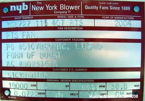 Used 19,000 CFM at 9" SP New York Blower Tadial Tipped fan Size 407 RTS. 50 hp Reliance electric motor, 1775 rpm, 230/460 volt, 326 frame. (Increased performance can be obtained by installing a large...