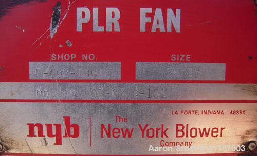 Used New York Blower Fan, Type PLR, Size 36 IV, Carbon Steel. Approximately 40" diameter fan, 40" diameter front inlet, 40" x 22" top outlet. Rated 17,657 CFM @ 14" total static. Driven by a 75 HP, 3...