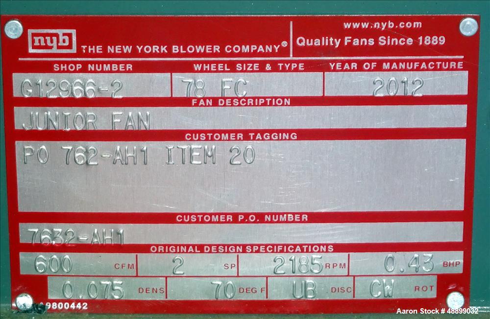 Used New York Blower, Junior Fan, Type 78FC, rated 600 CFM
