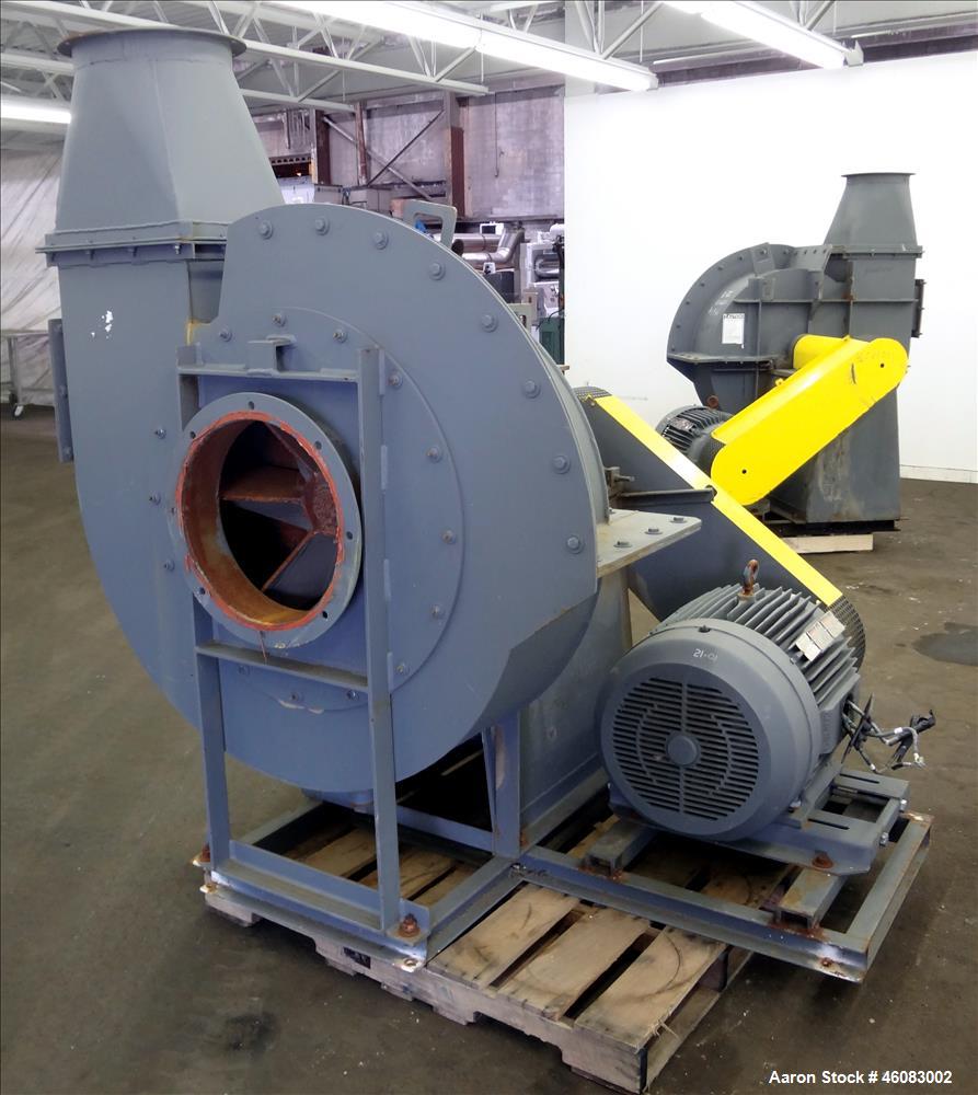 Used- Phelps Fan, Model 33431WRM, Carbon Steel. 17" Diameter inlet, 17" x 14" outlet. Driven by a 60 hp, 3/60/460/1780 rpm m...