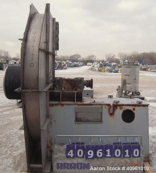Used Robinson Industries Radial Blade Blower, Type RB1610-6, Size 49, 304 stainless steel. Designed at 5100 cfm. Approximately 60" diameter fan, 17 1/2" diameter side inlet, 6 3/4" x 13 3/4" side out...