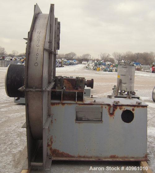 Used Robinson Industries Radial Blade Blower, Type RB1610-6, Size 49, 304 stainless steel. Designed at 5100 cfm. Approximately 60" diameter fan, 17 1/2" diameter side inlet, 6 3/4" x 13 3/4" side out...