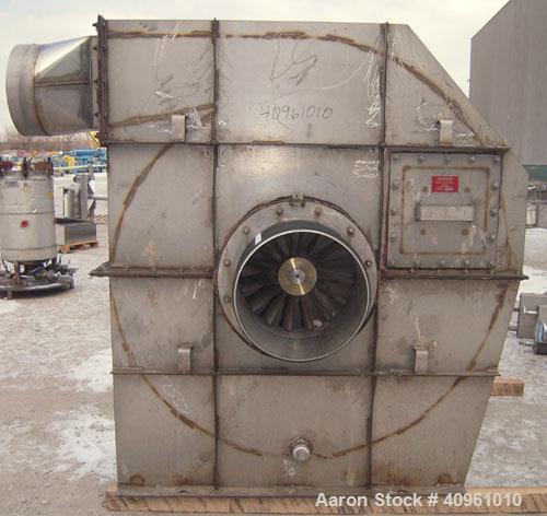 Used Robinson Industries Radial Blade Blower, Type RB1610-6, Size 49, 304 stainless steel. Designed at 5100 cfm. Approximately 60" diameter fan, 17 1/2" diameter side inlet, 6 3/4" x 13 3/4" side out...