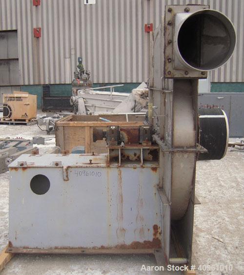 Used Robinson Industries Radial Blade Blower, Type RB1610-6, Size 49, 304 stainless steel. Designed at 5100 cfm. Approximately 60" diameter fan, 17 1/2" diameter side inlet, 6 3/4" x 13 3/4" side out...