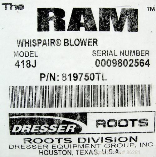 USED: Roots Ram Whispair rotary positive gas blower, model 418J. Approx capacity 675 cfm at 16.5 bhp at 4 psi. 8" inlet, 6" outlet. Driven by a 50 hp, 3/60/230/460 volt, 1760 rpm motor. Includes sile...