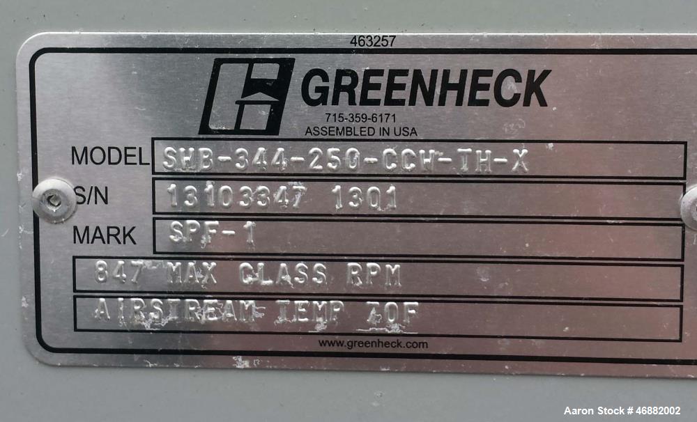 Unused- Greenheck Centrifugal Fan, Model SWB-344-250-CCW-TH-X. 25 hp motor, belt driven fan, backward-inclined centrifugal wheel. Max volume (cfm)- 54,000 / max static pressure (in. wg)- 5. Can be us...