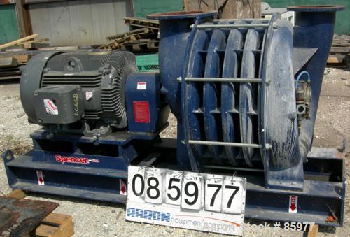 USED: Spencer Power Mizer high efficiency multi-stage centrifugal blower, model C43R26T11A1, carbon steel. Approx 2,500 cfm at 15 psi. 10" inlet, 12" outlet. Driven by a 125 hp, 3/60/460 volt, 3570 r...