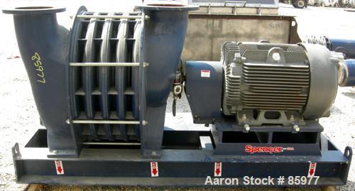 USED: Spencer Power Mizer high efficiency multi-stage centrifugal blower, model C43R26T11A1, carbon steel. Approx 2,500 cfm at 15 psi. 10" inlet, 12" outlet. Driven by a 125 hp, 3/60/460 volt, 3570 r...