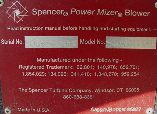 USED: Spencer Power Mizer high efficiency multi-stage centrifugal blower, model C43R26T11A1, carbon steel. Approx 2,500 cfm at 15 psi. 10" inlet, 12" outlet. Driven by a 125 hp, 3/60/460 volt, 3570 r...