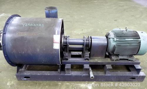 Used Spencer Turbine Blower, Model S30206C, Carbon Steel. Approximate 705 SCFM. Driven by a 50 hp, 3/60/230/460 volt, 3545 rpm XP motor.