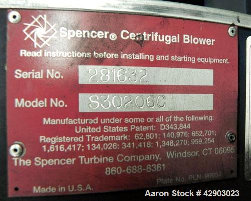 Used Spencer Turbine Blower, Model S30206C, Carbon Steel. Approximate 705 SCFM. Driven by a 50 hp, 3/60/230/460 volt, 3545 rpm XP motor.