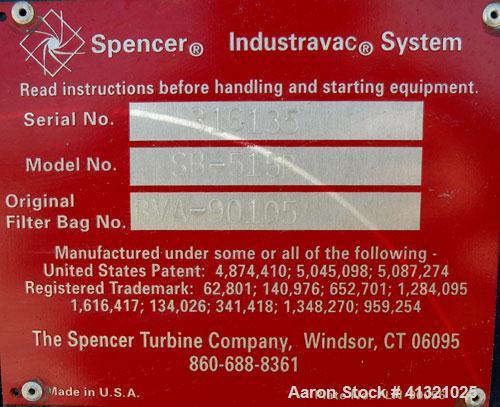 Used Spencer Turbine Industravac Stationary Vacuum System, model SB-515B, carbon steel. (19) 5" diameter x 36" long bags providing 75 square feet filter area, 4-1/3 cubic feet removable dust collecti...