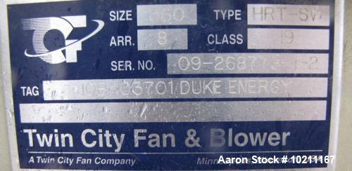 Unused-Twin City Blower, Type HRT-SW, Size 360.  Rated 37,400 cfm @ 14" SP.  Driven by a 125 hp, 3/60/460 volt, 1785 rpm motor.  Spark resistant construction with abrasion resistant pads.  Approximat...