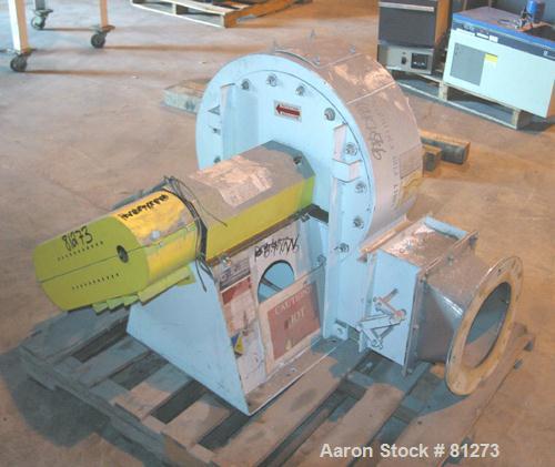 USED: Twin City Blower, carbon steel, type RBO-SW-911, arrangement 9L. 11" diameter inlet, 9" x 10" outlet. Approximately 3432 cfm at 1" static pressure at 1633 rpm. Driven by a 5 hp, 3/60/208-230/46...