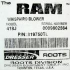 USED: Roots Ram Whispair rotary positive gas blower, model 418J. Approx capacity 675 cfm at 16.5 bhp at 4 psi. 8