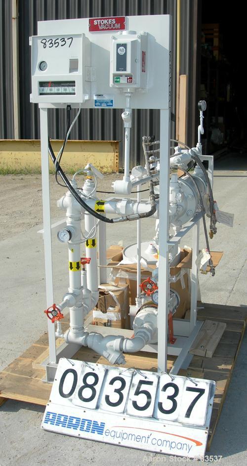USED: Stokes heating skid, model 600-540. Designed for water heating for a conical or shelf dryer. Consists of (1) heat exchanger, shell and tubes rted for 125 psi at 400 deg F; (1) 3/4 hp XP pump, m...