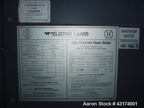 Used-Teledyne Laars Water Heater, Model PH1010EN09KBACW.Natural gas, 91 square feet surface, 1.01 mm btu/h input, 828,000 bt...