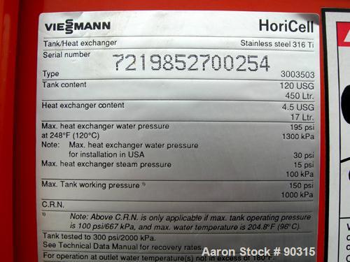 Used Viessman Horicell Hot Water Storage Tank, 316 stainless steel. (1) 120 gallon horizontal tank, rated 150 psi. Heat exchanger capacity 4.5 gallons, rated 195 psi at 248 degrees F.