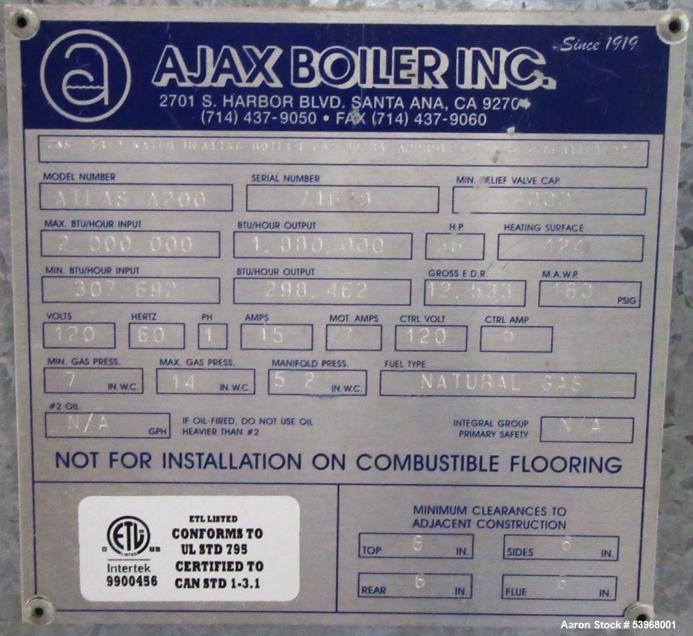 AJAX A200 Series Boiler for Sale – 50 HP, 90% Thermal Efficiency – 2,000,000 BTU