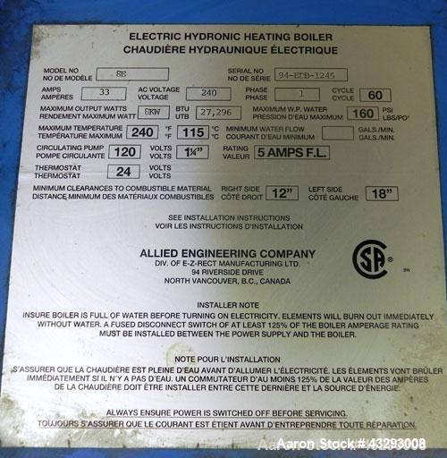 Used Allied Engineering Super Hot Boiler, Model 8E. 8Kw, 1/60/240 volt, 33 amps. 27,296 BTU/UTB, 160 psi. Temperature range 115 to 240 degrees F.
