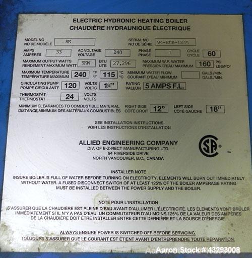 Used- Allied Engineering Super Hot Boiler, Model 8E. 8Kw, 1/60/240 volt, 33 amps. 27,296 BTU/UTB, 160 psi. Temperature range...