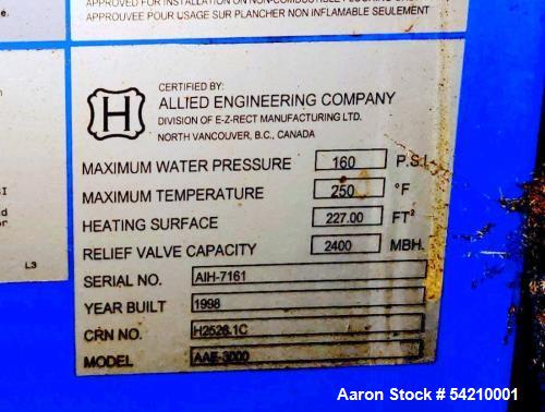 Used Allied Engineering Super Hot Fire Tube Boiler, Model AAE-3000-N-M | 3M BTU/hr | Natural Gas | 160 PSI | BC-1 Controller | Skid Mounted