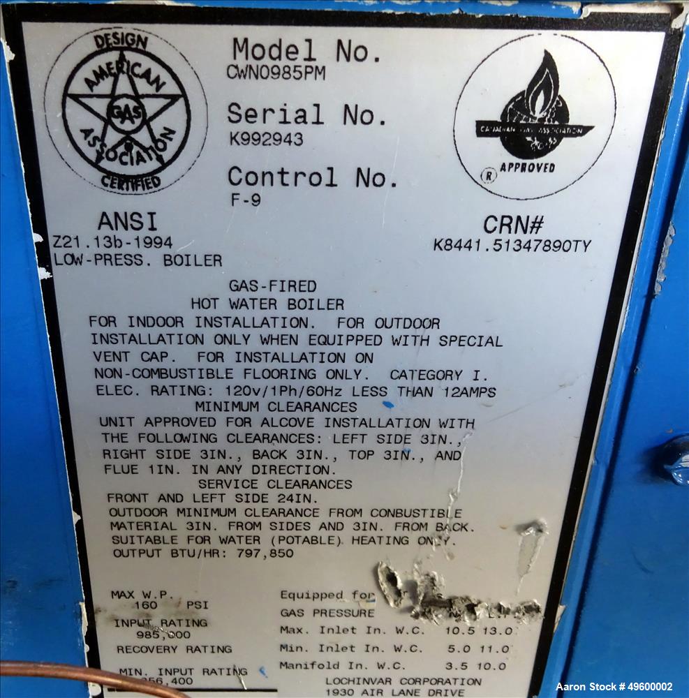 Used- Lochinvar Gas-Fired Hot Water Boiler, Model CWN0985PM. Maximum working pressure 160 psi. Input rating 985,000. Minimum...