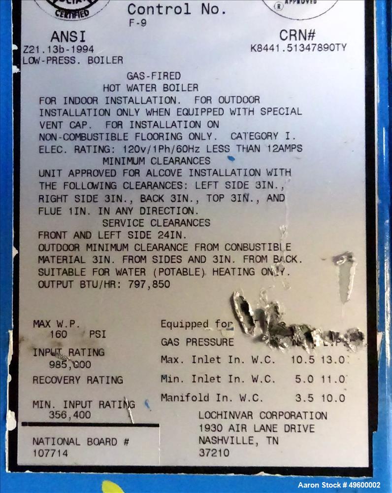 Used- Lochinvar Gas-Fired Hot Water Boiler, Model CWN0985PM. Maximum working pressure 160 psi. Input rating 985,000. Minimum...