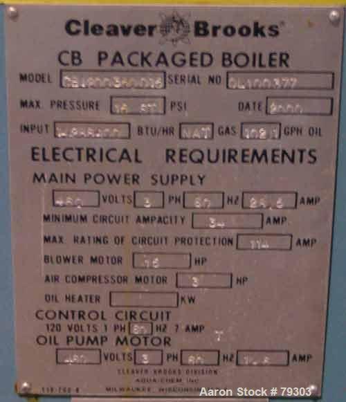 Used- Cleaver Brooks Packaged Fire Tube Boiler, Model CB1200350015. 350 HP, input 14,288,100 BTU/HR. 12075 LBS/HR of steam a...