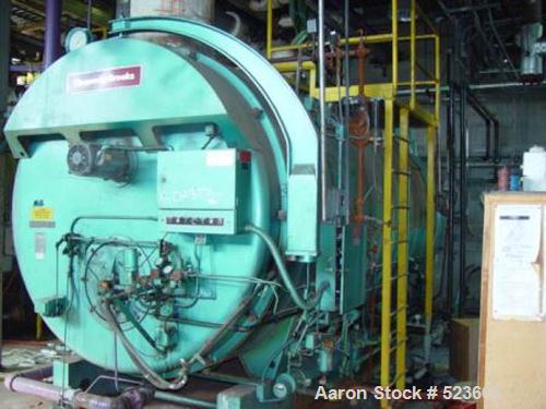 USED: Cleaver Brooks fire tube packaged boiler, 21,569 lbs/hour @ 150 psi, 500 hp, model CB400-500. Dual fuel, natural gas/oil fired. Blower driven by a 15 hp, 3/60/460V motor. Oil heater rated 7.5 k...