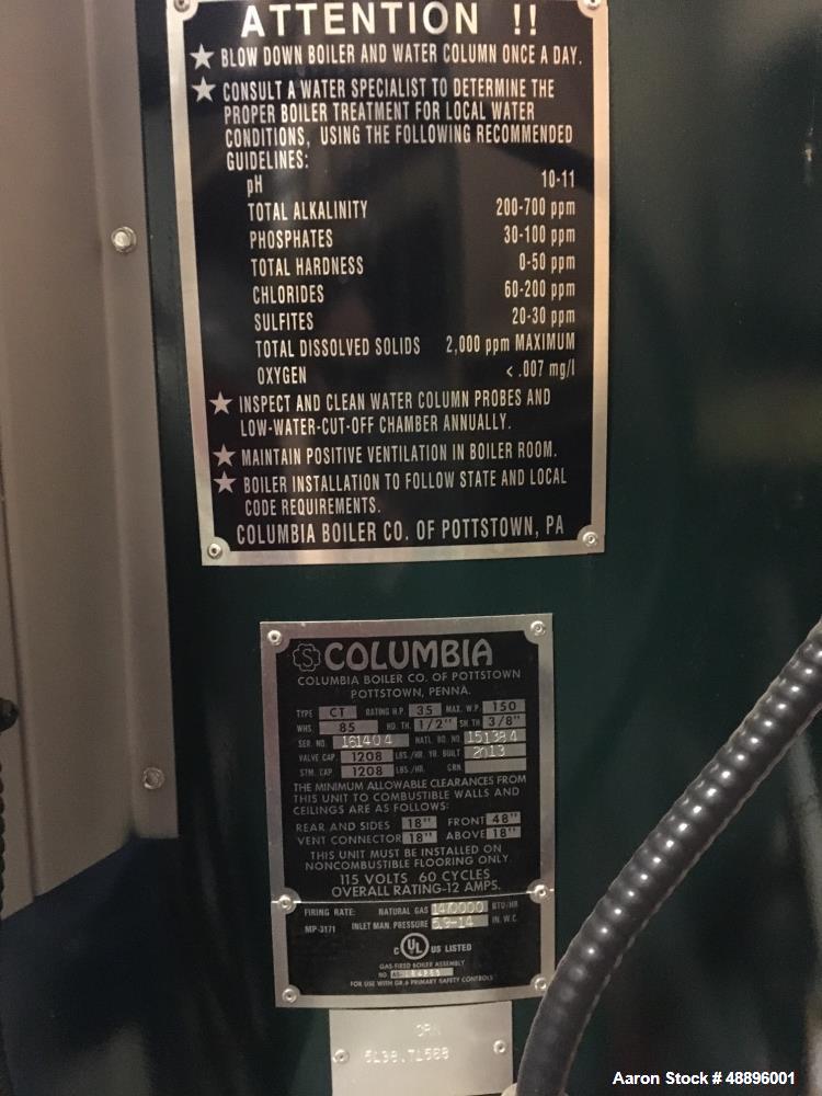 Used-Columbia Vertical, Tubeless, 3 Pass Design Steam Boiler, Model CT-35.