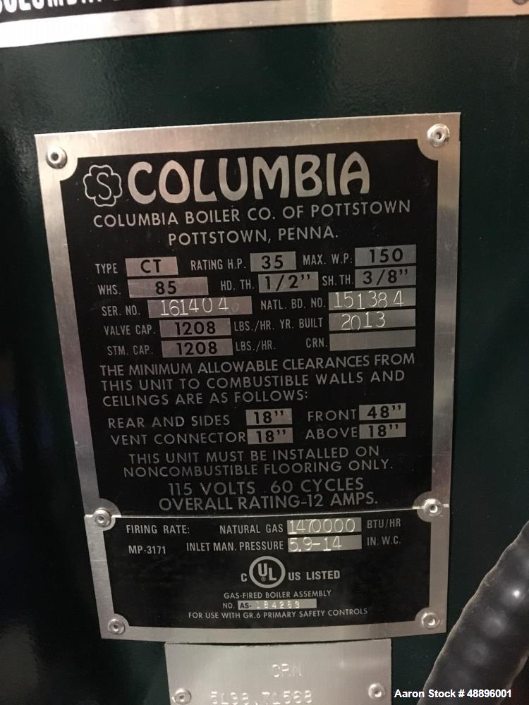 Used-Columbia Vertical, Tubeless, 3 Pass Design Steam Boiler, Model CT-35.