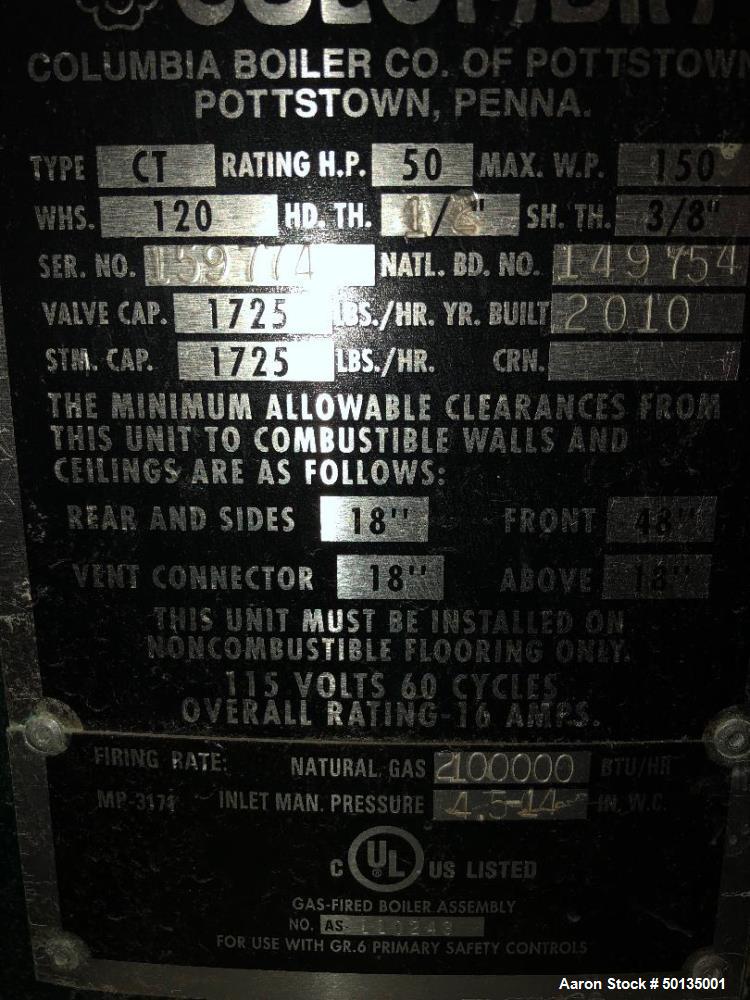 Used Columbia Boiler, Model CT-50.
