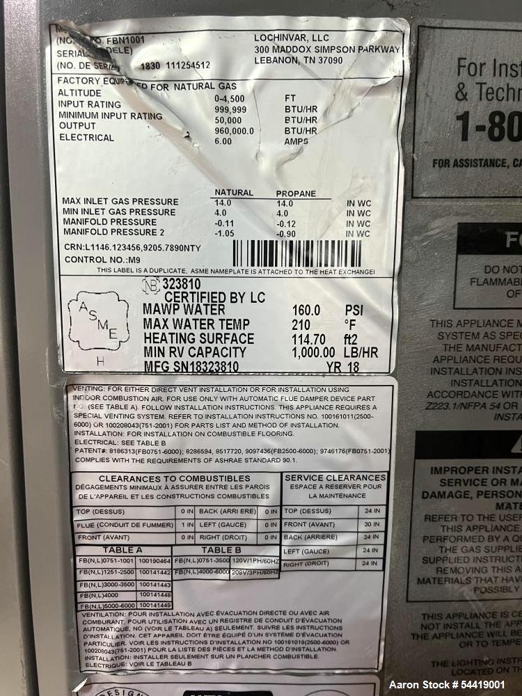 Used Lochinvar Crest FBN1001 Condensing Boiler – 1,000,000 BTU High-Efficiency Natural Gas Heating System