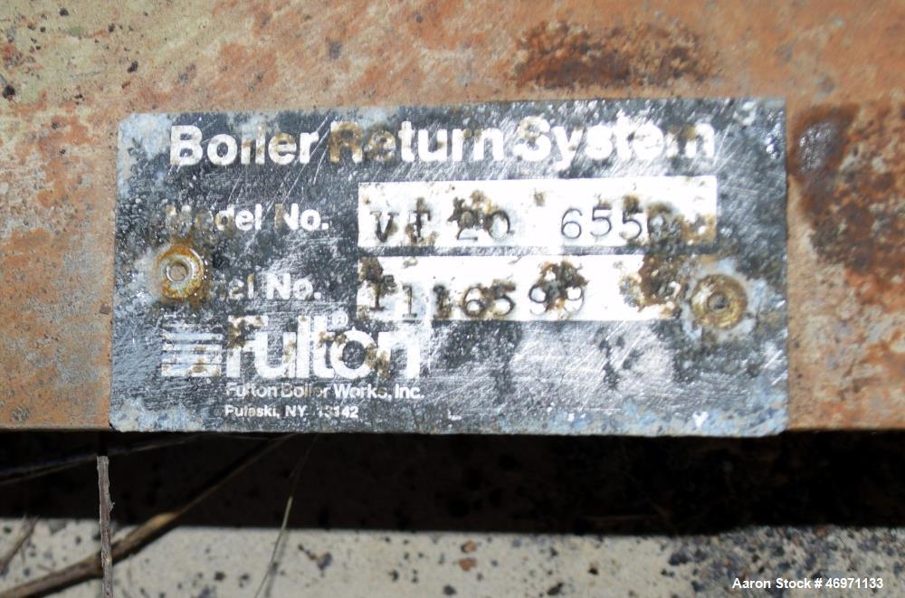 Used Fulton Fuel Fired Steam Boiler, Model FB-015-A. Boiler hp 15, 150 psi, rated 518 pound per hour, Includes control panel, and a boiler return system with pump. National Board# 78698, built 1997.