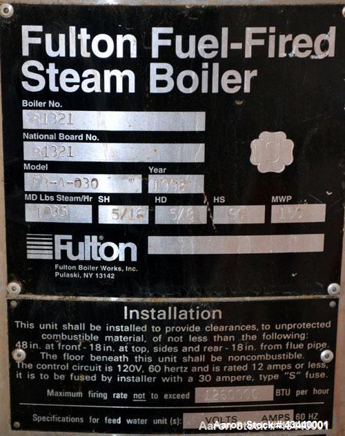 Used- Fulton Gas Fired Steam Boiler, Model FB-A-030